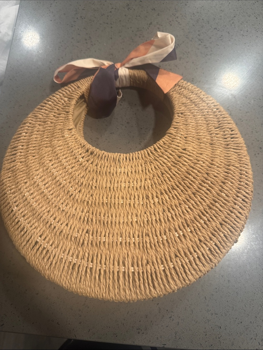 Woven Straw Circle Handle Bag with Tie Accent - Natural